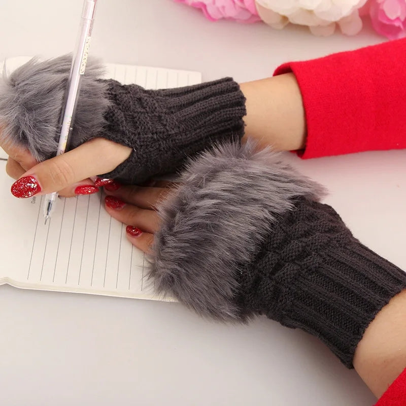 Women casual Fur Faux Rabbit knitted Gloves soft cotton Winter fingerless Knitting warmer Wrist hande gloves Mittens