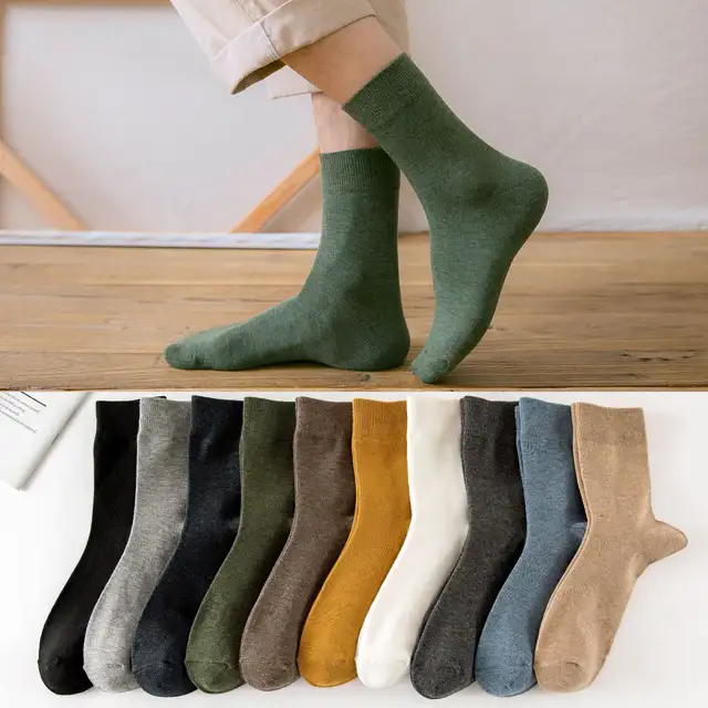 5 pair Winter New style casual socks pure color middle tube casual cotton socks Men's terry tube crew socks