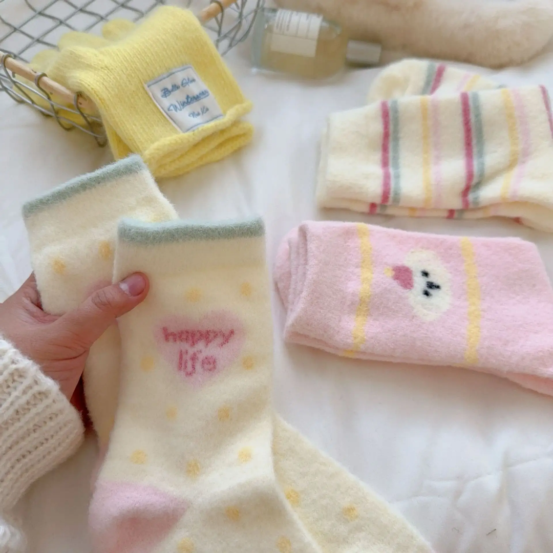 3 pairs Pink Thickened Warm Mid-calf Plush Socks Women's Autumn Winter Home Floor Slippers Striped Cartoon Design Cute Cozy Woolen Socks