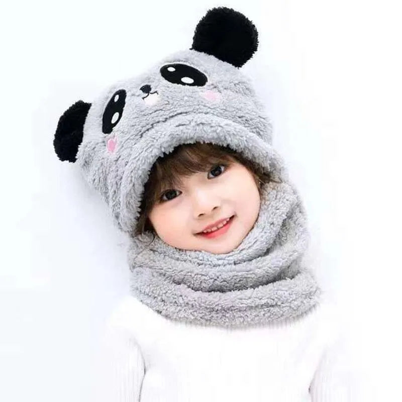 Winter Baby Cap Set Velvet Cartoon Panda Rabbit Baby Head Cover Warm Neck Collar Kids Beanies Sets Plush Children Hat Scarf.