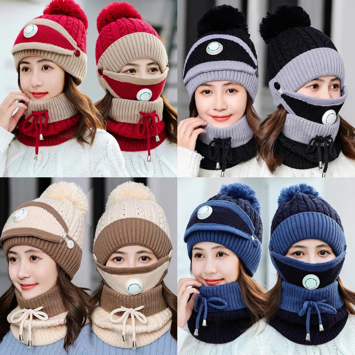New 3 Pieces Set Women's Knitted Hat Scarf Caps Neck Warmer Winter Hat For Ladies Girls Skullies Beanies Warm Fleece Caps