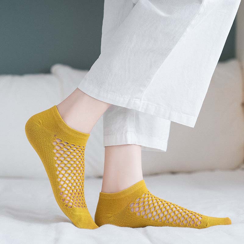 5 Pairs Women  Solid Color Hollow Mesh Ankle Socks Thin Breathable Comfortable Odor Proof Sweat Absorbing Casual Socks