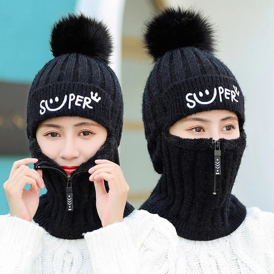 Girls Winter Knitted Warm Beanie Face Cover Neck Warmer