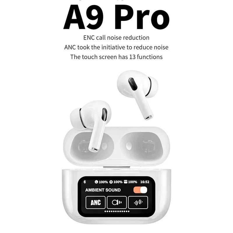 New A9 Pro Earphone Wireless Bluetooth 5.4 Headphone ANC Noise Cancelling Earbuds In Ear Touch Screen With HD Mic Call Headset