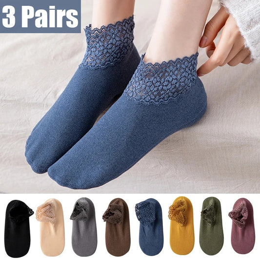 3pair New lace warmer socks women fashion ladies girl Winter Non-slip cotton  Warm ankle sock soft thin breathable casual