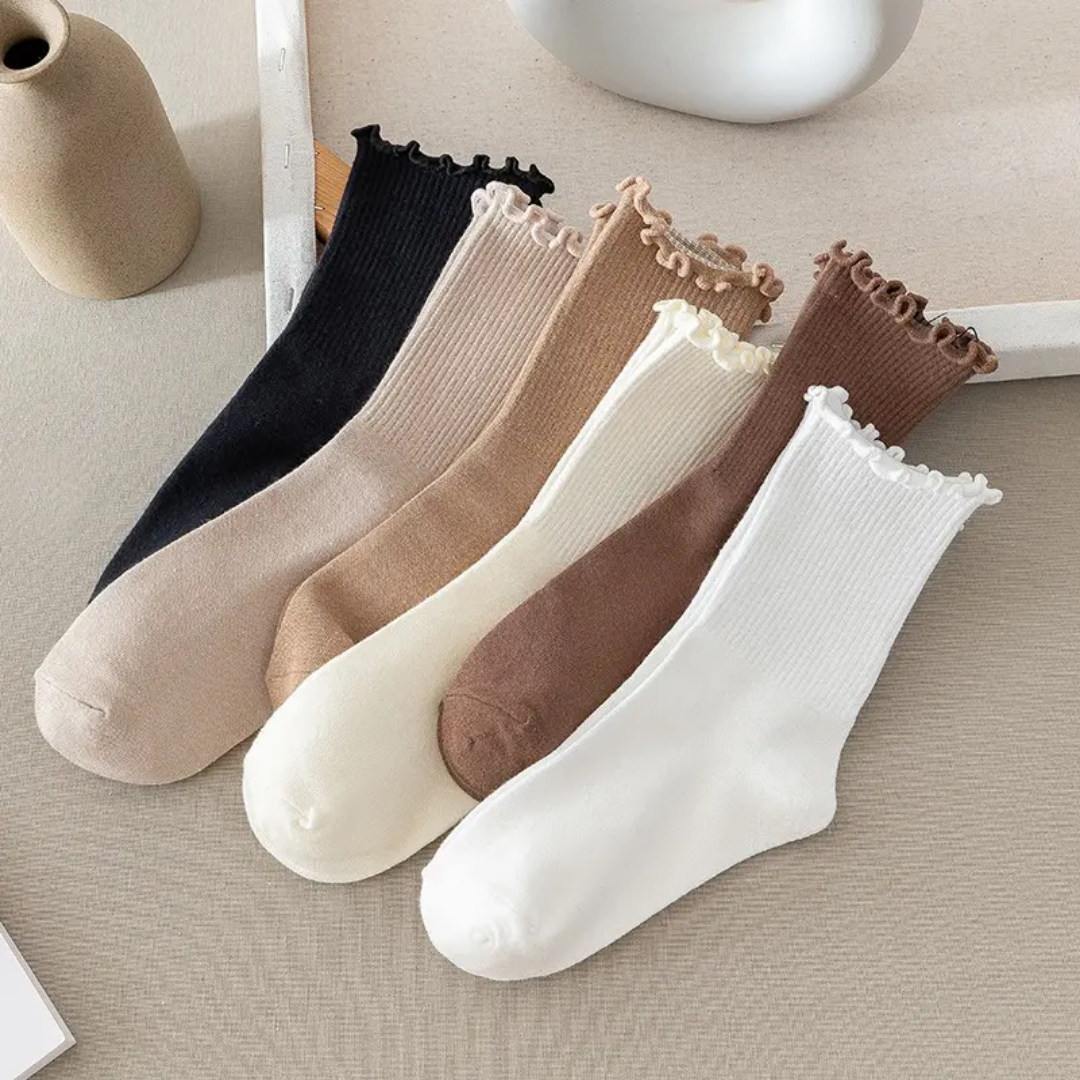 5 Pairs/Lot Ruffled Mid Length Socks Women's Breathable Solid Color Set winter and Autumn Comfort Sweat-absorbing Girls' Socks