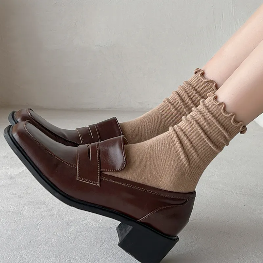 5 Pairs/Lot Ruffled Mid Length Socks Women's Breathable Solid Color Set winter and Autumn Comfort Sweat-absorbing Girls' Socks