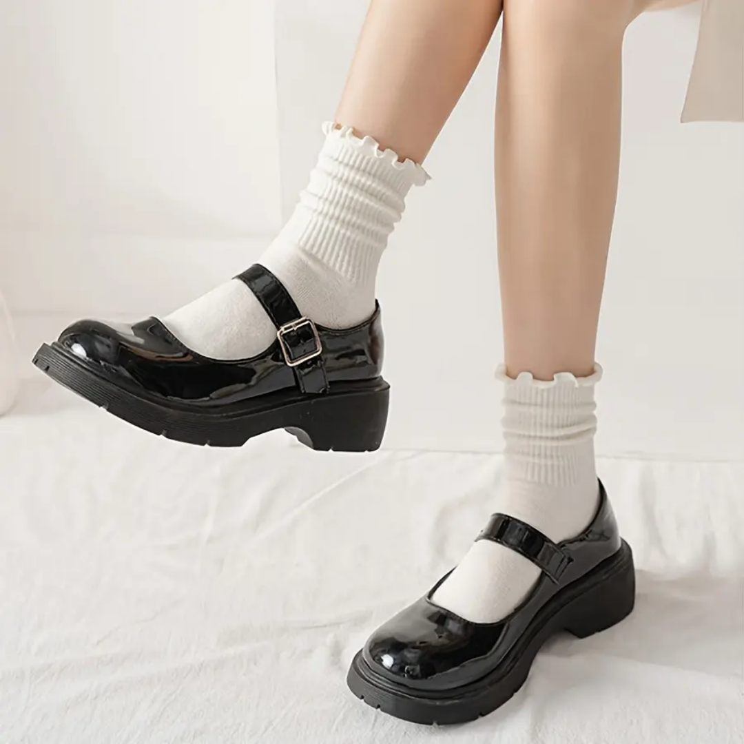 5 Pairs/Lot Ruffled Mid Length Socks Women's Breathable Solid Color Set winter and Autumn Comfort Sweat-absorbing Girls' Socks