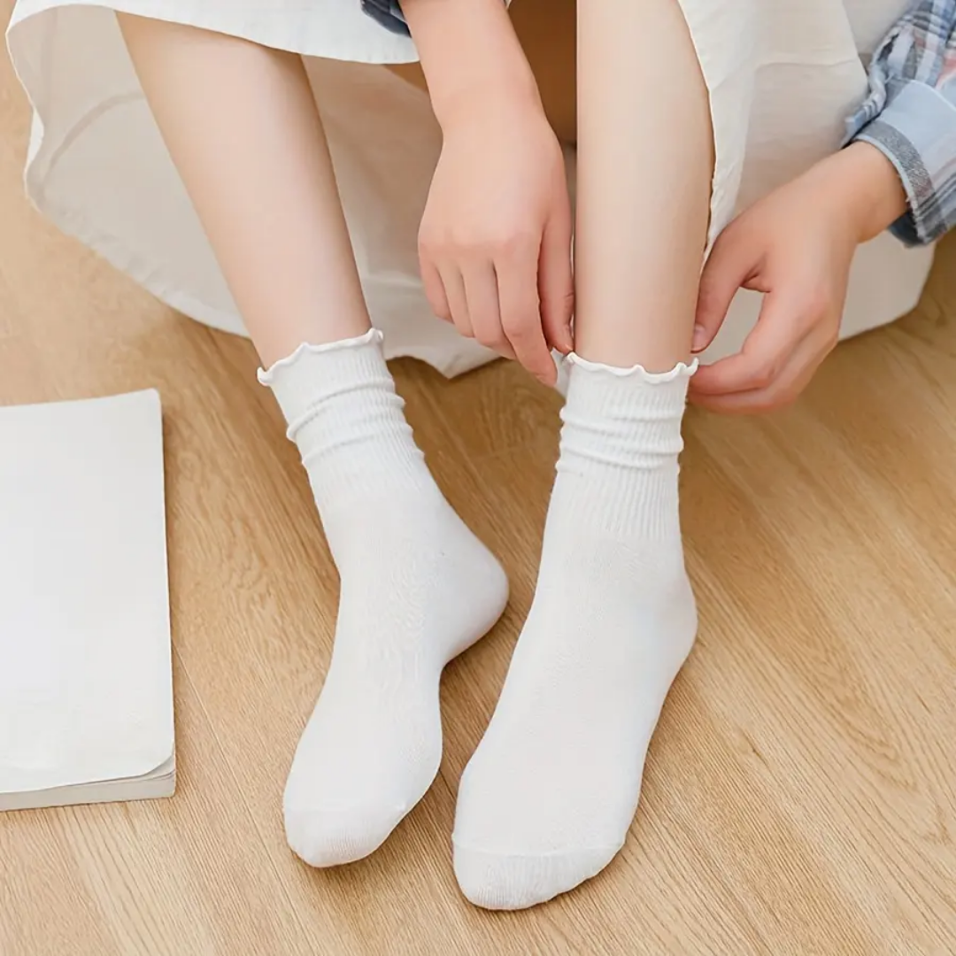 5 Pairs/Lot Ruffled Mid Length Socks Women's Breathable Solid Color Set winter and Autumn Comfort Sweat-absorbing Girls' Socks