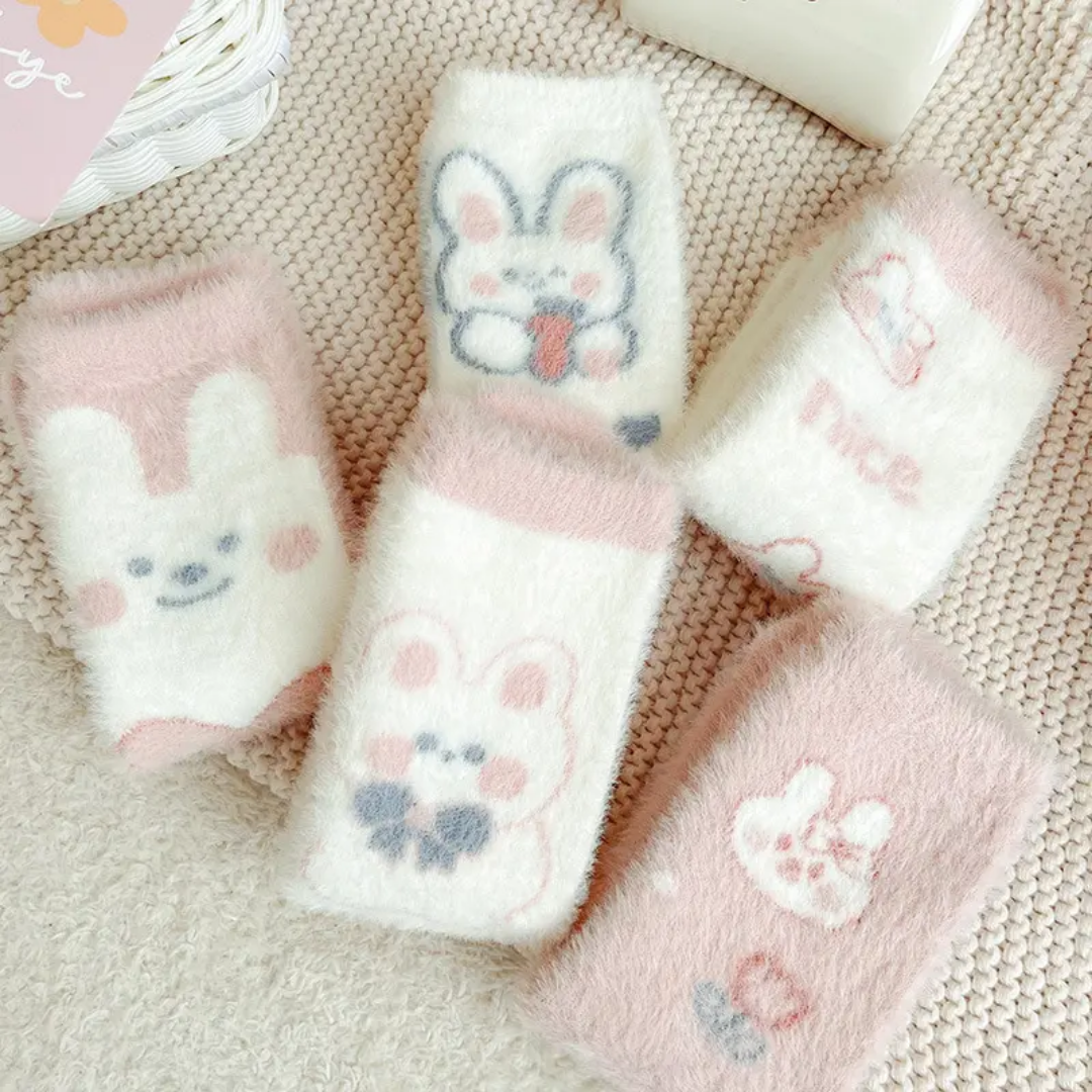 5 pair Thickened Fleece-Lined Mink Socks Women's Mid-Calf Autumn Winter Warm Sleep Cute Plush Floor Towel Postpartum Socks
