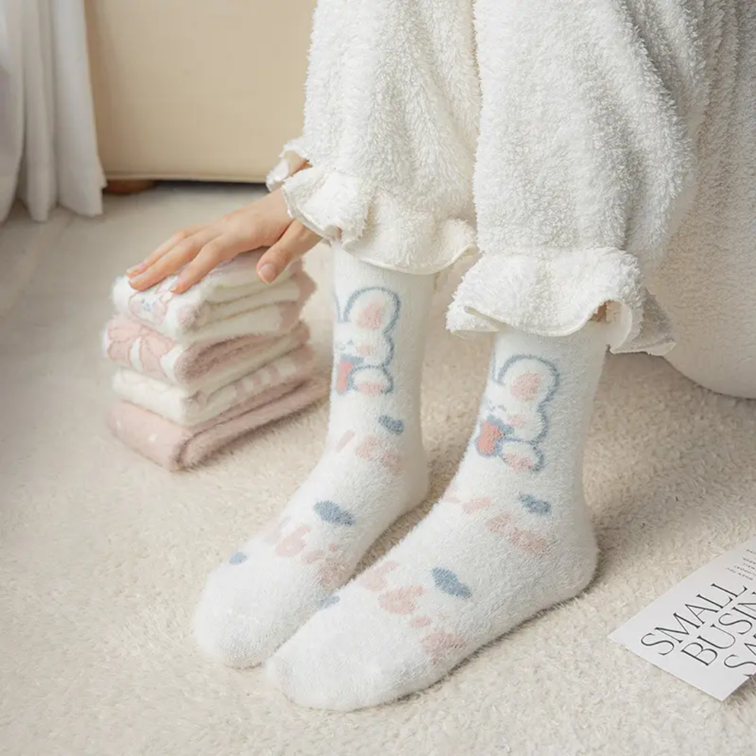 5 pair Thickened Fleece-Lined Mink Socks Women's Mid-Calf Autumn Winter Warm Sleep Cute Plush Floor Towel Postpartum Socks