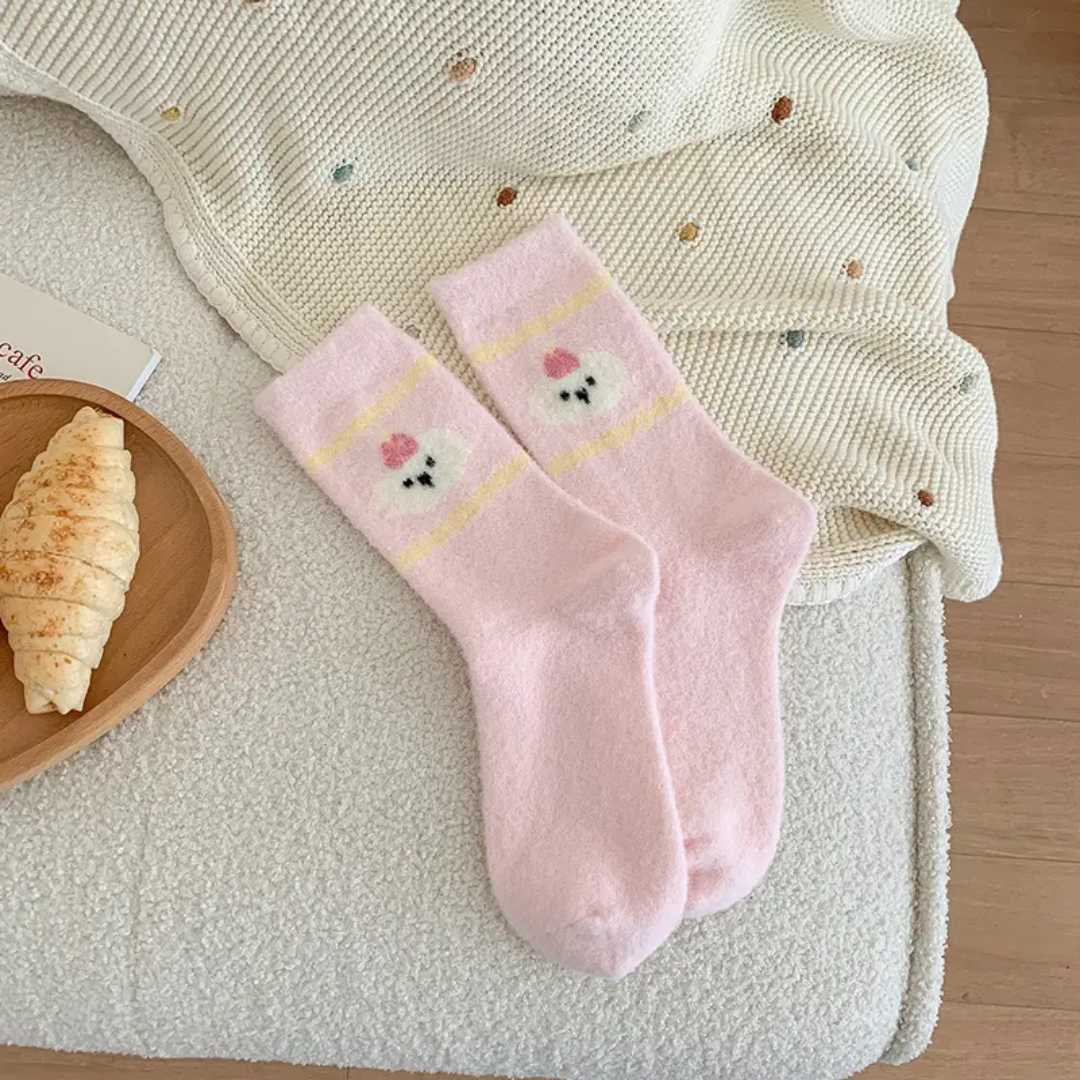 3 pairs Pink Thickened Warm Mid-calf Plush Socks Women's Autumn Winter Home Floor Slippers Striped Cartoon Design Cute Cozy Woolen Socks