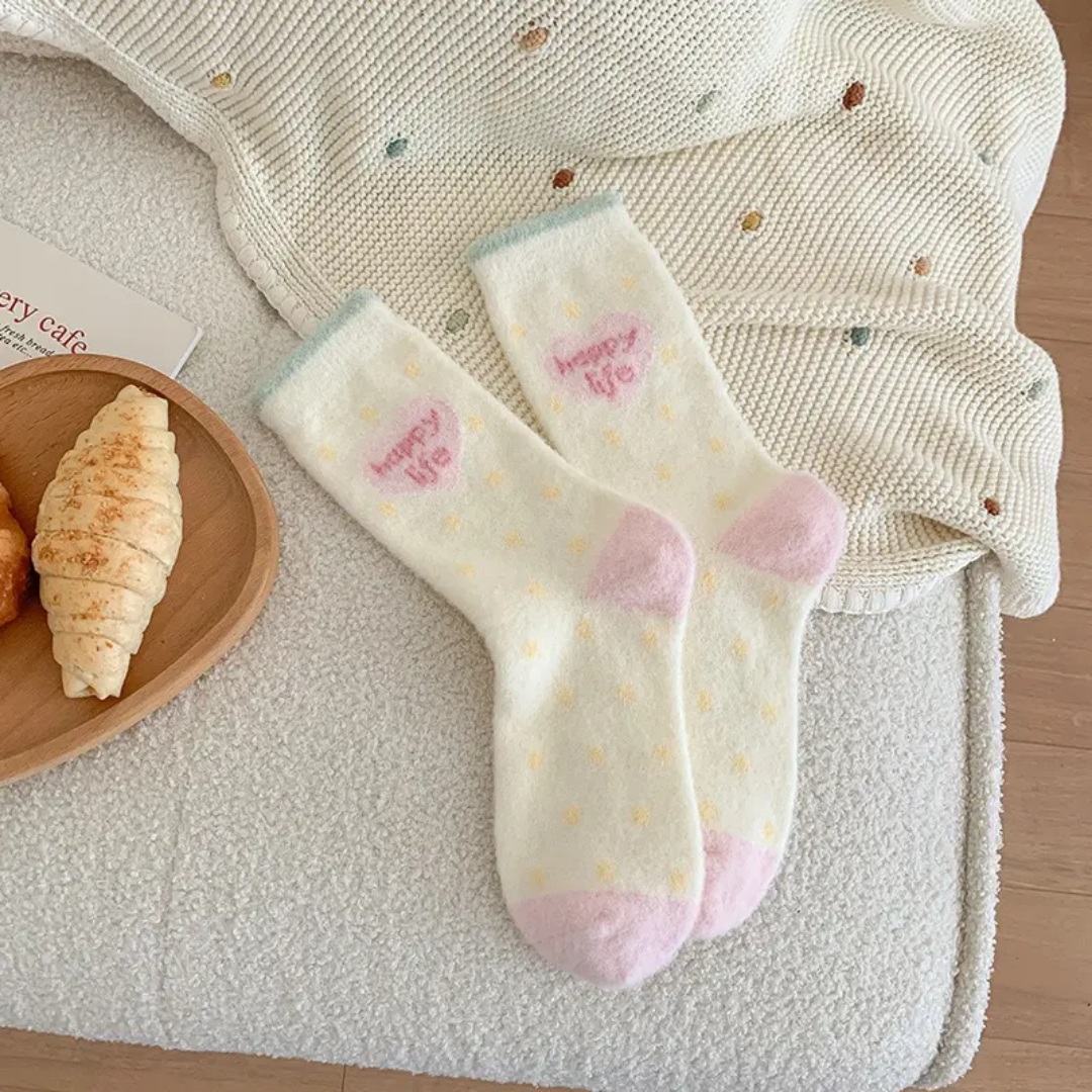 3 pairs Pink Thickened Warm Mid-calf Plush Socks Women's Autumn Winter Home Floor Slippers Striped Cartoon Design Cute Cozy Woolen Socks