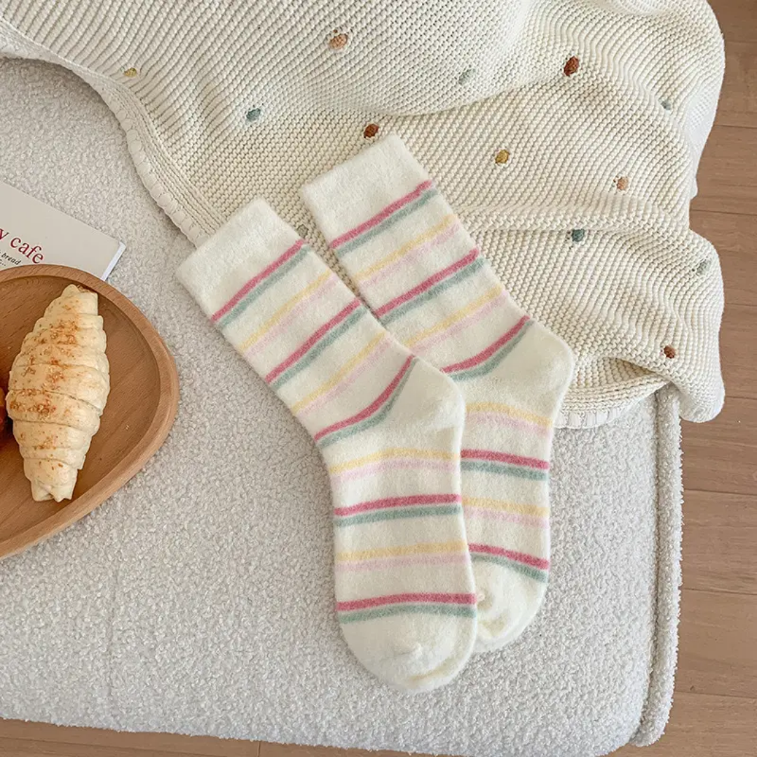 3 pairs Pink Thickened Warm Mid-calf Plush Socks Women's Autumn Winter Home Floor Slippers Striped Cartoon Design Cute Cozy Woolen Socks