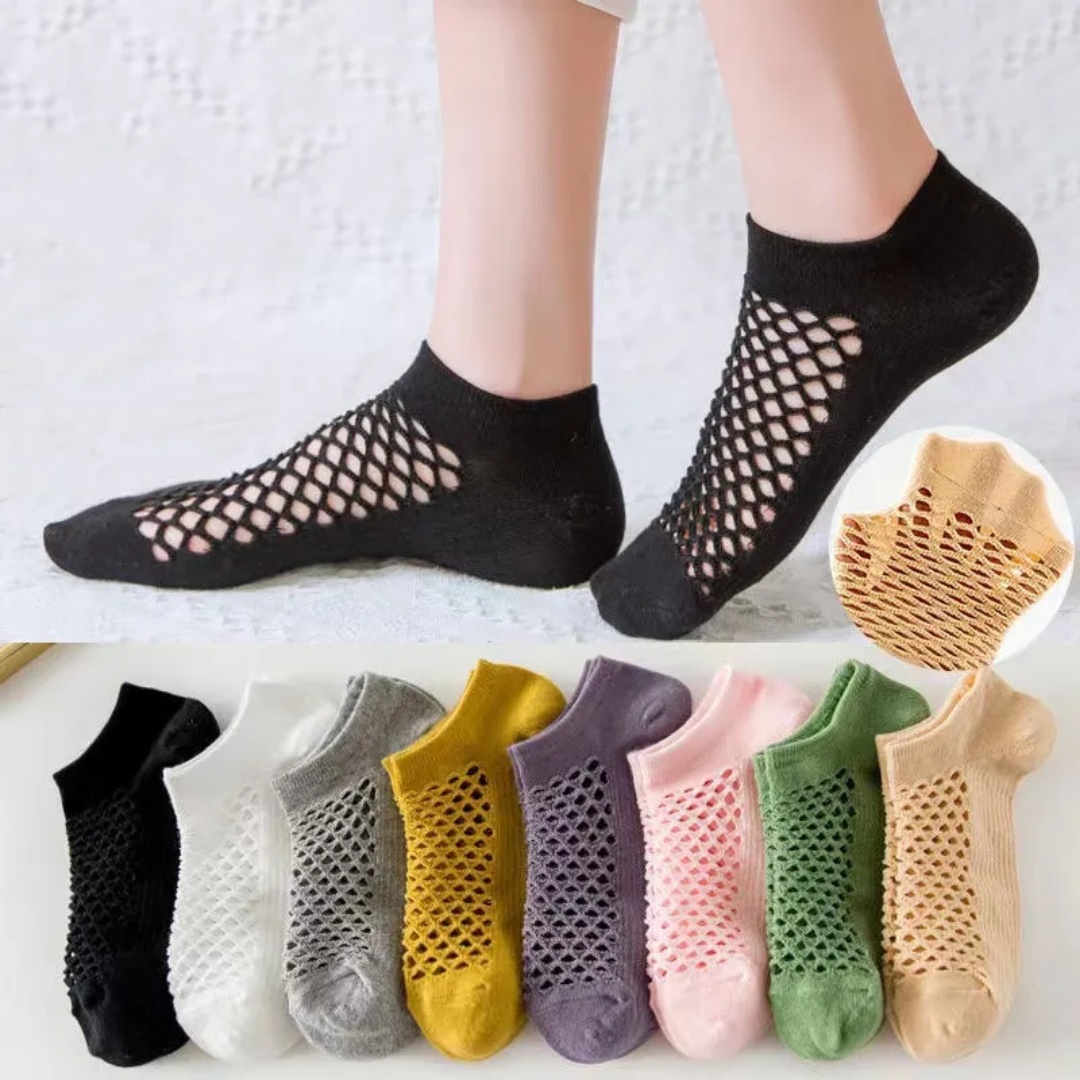 5 Pairs Women  Solid Color Hollow Mesh Ankle Socks Thin Breathable Comfortable Odor Proof Sweat Absorbing Casual Socks