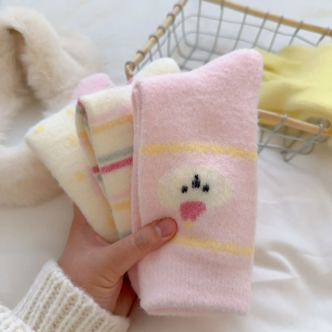 3 pairs Pink Thickened Warm Mid-calf Plush Socks Women's Autumn Winter Home Floor Slippers Striped Cartoon Design Cute Cozy Woolen Socks