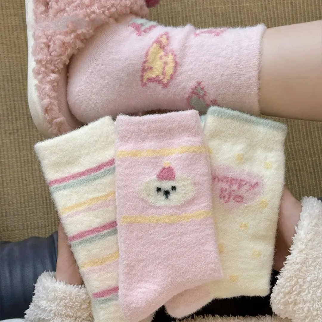 3 pairs Pink Thickened Warm Mid-calf Plush Socks Women's Autumn Winter Home Floor Slippers Striped Cartoon Design Cute Cozy Woolen Socks