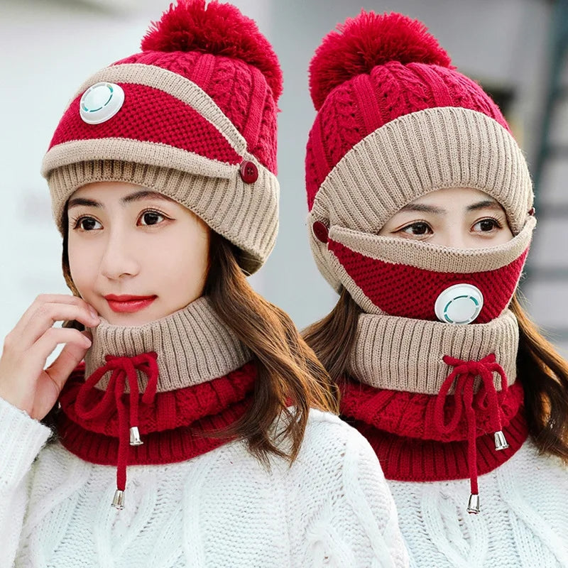 New 3 Pieces Set Women's Knitted Hat Scarf Caps Neck Warmer Winter Hat For Ladies Girls Skullies Beanies Warm Fleece Caps