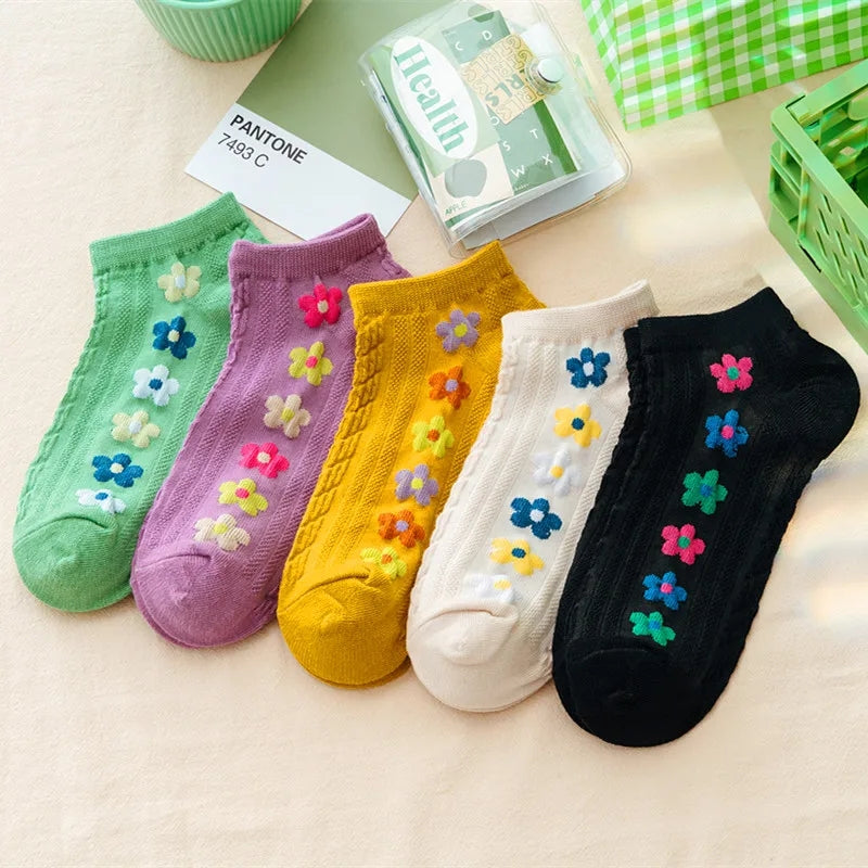 5Pairs women socks japanese Korean style funny socks cartoon flower candy colors