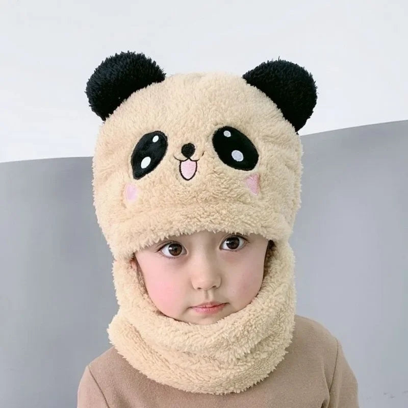 Winter Baby Cap Set Velvet Cartoon Panda Rabbit Baby Head Cover Warm Neck Collar Kids Beanies Sets Plush Children Hat Scarf.