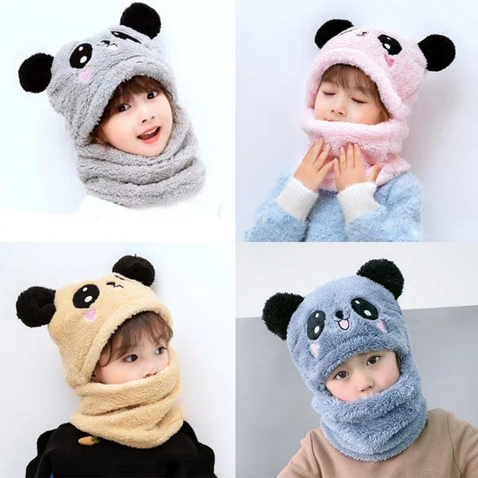 Winter Baby Cap Set Velvet Cartoon Panda Rabbit Baby Head Cover Warm Neck Collar Kids Beanies Sets Plush Children Hat Scarf.