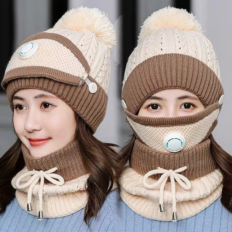 New 3 Pieces Set Women's Knitted Hat Scarf Caps Neck Warmer Winter Hat For Ladies Girls Skullies Beanies Warm Fleece Caps