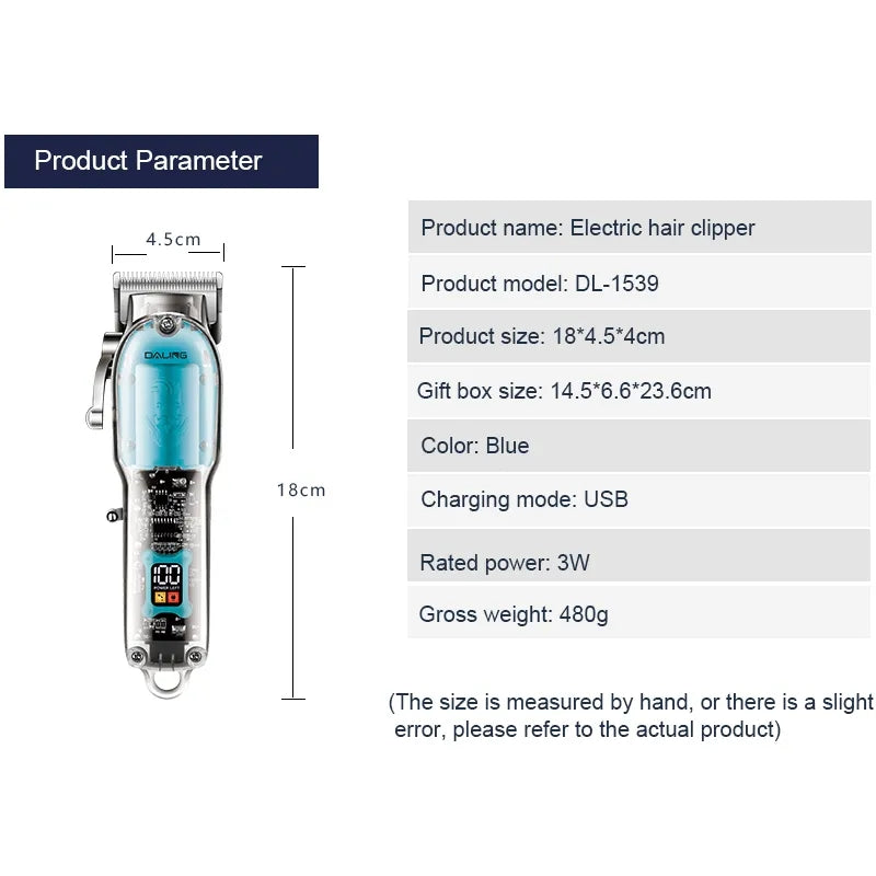 Daling DL-1539 New Full Transparent Visible Body Hair Cutting Machine Cordless Shaver Trimmers Barber Professional Hair Clipper Equipment